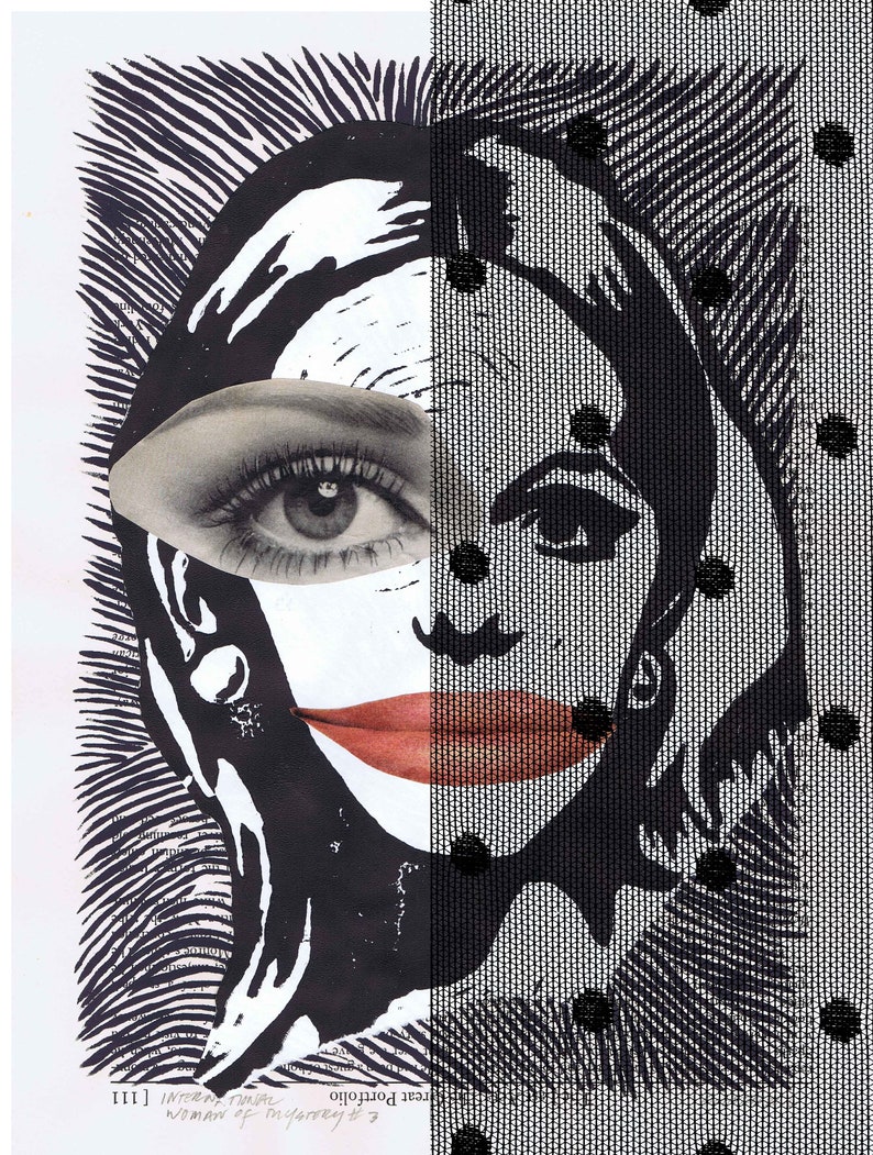 May include: Black and white abstract collage of a woman's face with a red lip. The image is split in half with the left side showing a close-up of an eye and the right side showing a more stylized face with polka dots.