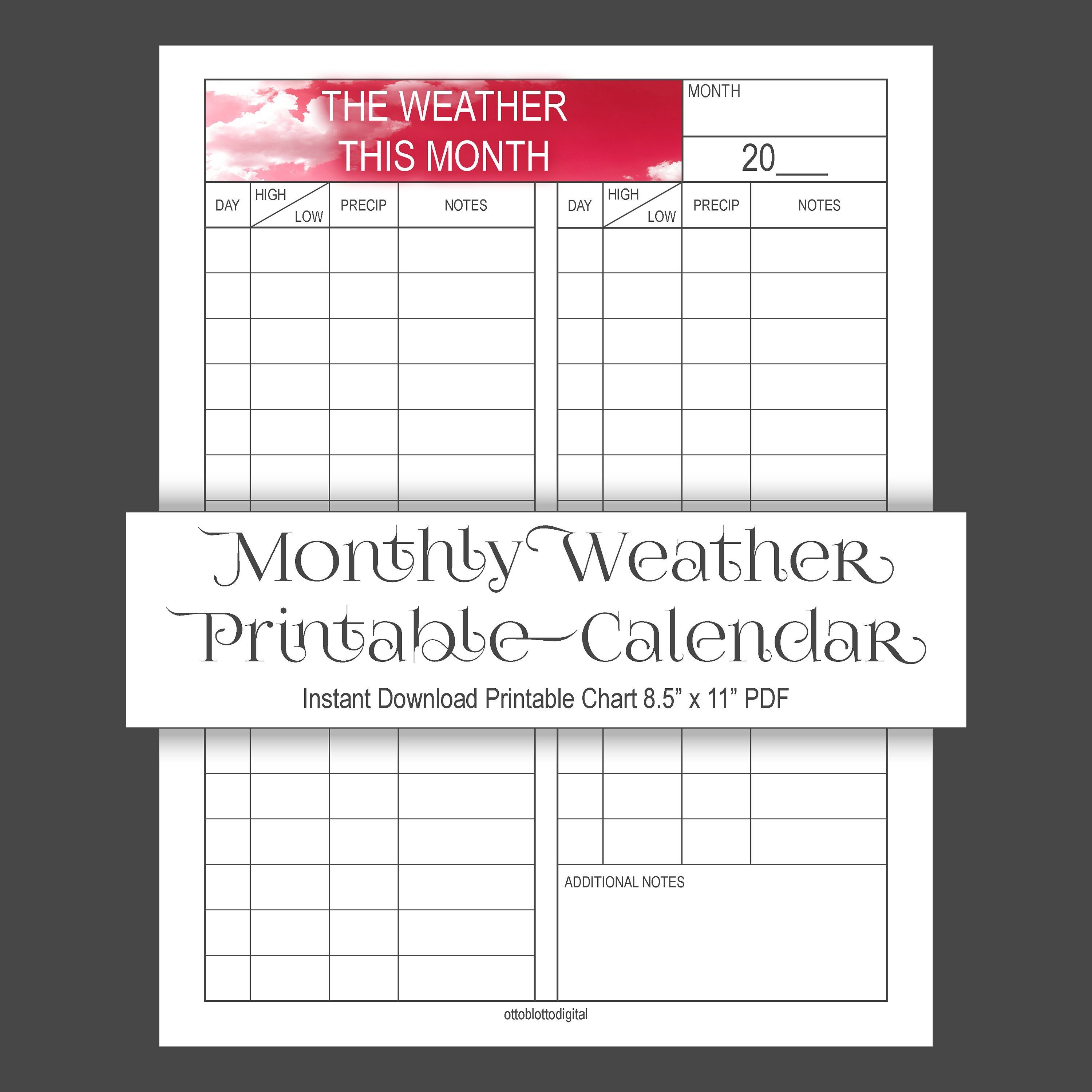 monthly weather calendar printable weather log weather etsy