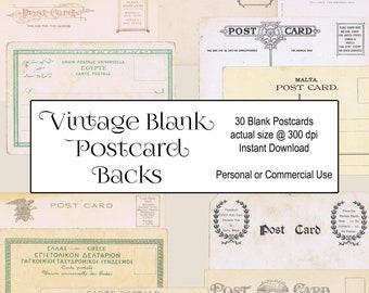 VINTAGE POSTCARD BACKS, instant download of 30 postcards with no writing ready for your words, ideal for collage art, old postcard ephemera