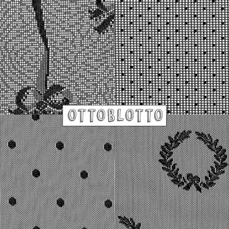 May include: Black and white patterned fabric with a repeating design of dots and lines. The fabric has a textured look and feel. The text "OTTOBLOTTO" is printed in white on a black background.
