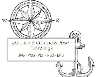 ANCHOR Drawing - COMPASS ROSE Drawing, nautical drawing clipart, marine clipart, png, pdf, jpg, psd, eps files included, instant download