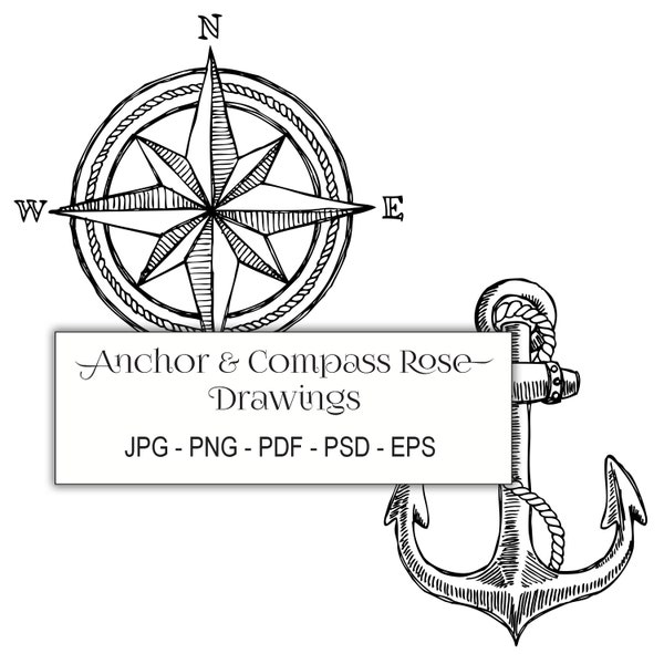 ANCHOR Drawing - COMPASS ROSE Drawing, nautical drawing clipart, marine clipart, png, pdf, jpg, psd, eps files included, instant download