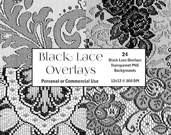 BLACK LACE Overlay instant download, transparent lace PNG, printable lace clipart, wedding lace clipart, commercial use, bachelorette invite