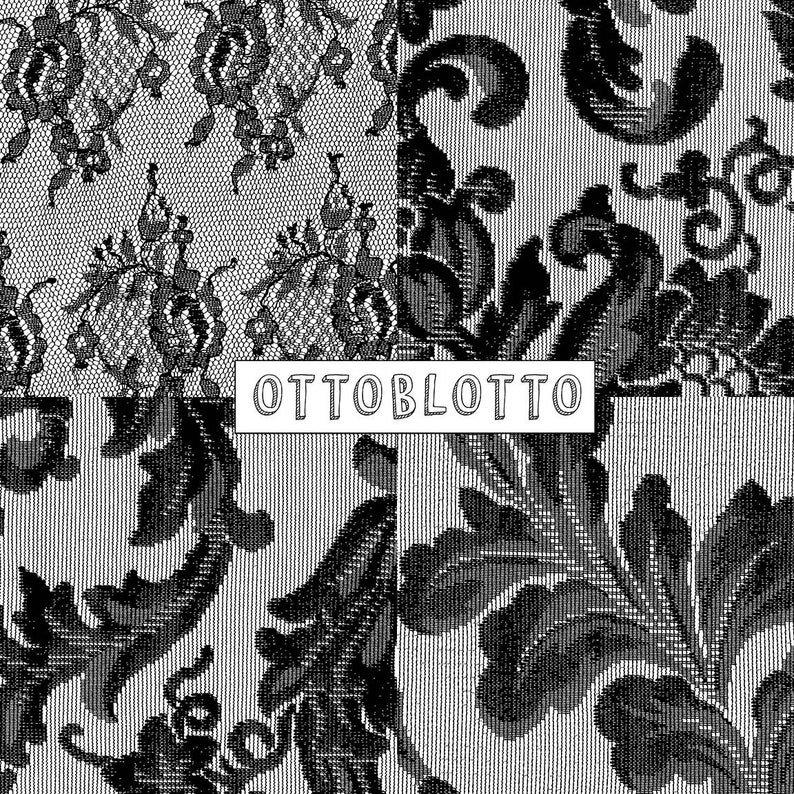 May include: Black and white patterned fabric with a repeating floral design. The fabric has a textured surface and a subtle sheen. The text "OTTOBLOTTO" is printed in white on a black background.