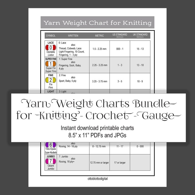 Yarn Weight BUNDLE Yarn Weight Charts for Knitting, Crochet, and Gauge