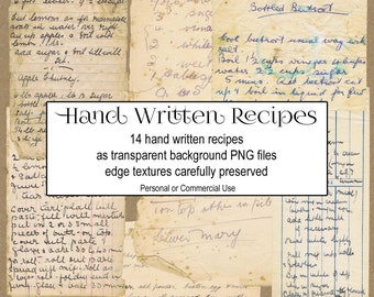 OLD RECIPE Cooking Ephemera as a printable digital download, 14 PNG files of hand written vintage recipes for collage art, junk journals