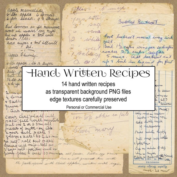 OLD RECIPE Cooking Ephemera as a printable digital download, 14 PNG files of hand written vintage recipes for collage art, junk journals