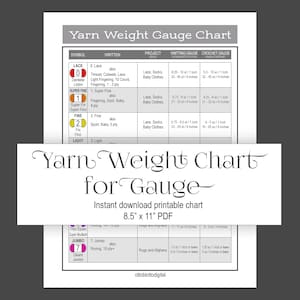 Puede incluir: Un gráfico imprimible con un calibre de peso de hilo para tejer y hacer ganchillo. El gráfico enumera los pesos de hilo desde el encaje hasta el jumbo, con los calibres de tejido y ganchillo correspondientes en puntos por pulgada y puntos por 4 pulgadas.