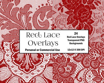 RED LACE Overlay 24 @ 12x12 300 dpi transparent lace PNG, printable lace clipart, digital download printable scrapbook paper, floral lace