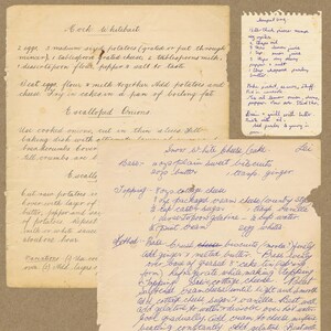 May include: Handwritten recipe for Mock Whitebait, Snow White Cheese Cake, and a recipe for a barpet bang. The recipes are written in blue ink on aged paper.