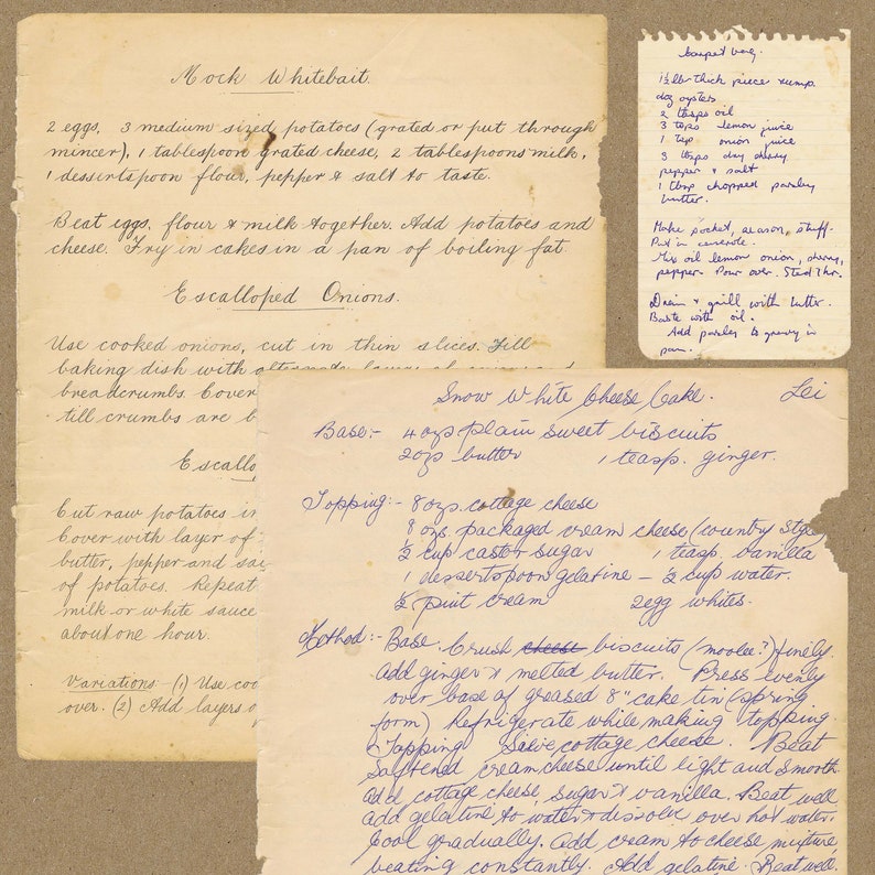 May include: Handwritten recipe for Mock Whitebait, Snow White Cheese Cake, and a recipe for a barpet bang. The recipes are written in blue ink on aged paper.
