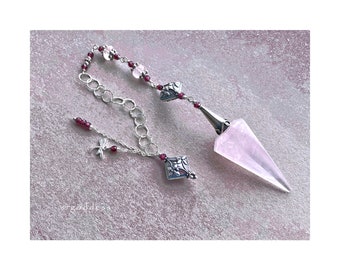 DRAGONFLY Rose Quartz, Garnet, Sterling Silver Pendulum Set, January birthstones, valentine, joy, intuition