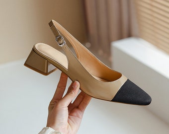 Damenschuhe: Aprikosenleder Blockabsätze, Beige zweifarbige Pumps, Spitze Slingback, Geschlossener Toe Slingback, Schwarze Toe Schuhe