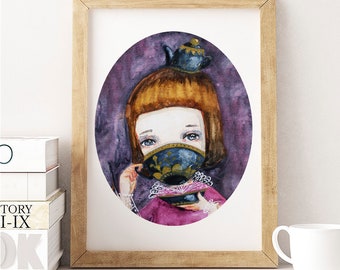 TEA TIME - Alice in Wonderland keeps many secrets on a watercolor painting of the tea party and Alice drinking from a teapot by Danita