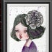 VIOLET A watercolor portrait study poster print of girl with dark hair, purple dress and a big had painted flower in her head by Danita Art