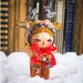 Rudolph the red nosed reindeer doll by Danita. Christmas holiday handmade toy. Vintage folk art style tree ornament covered in mica flakes.