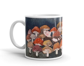 The Sleeper - Ceramic Coffee Mug Watercolor fantasy illustration by Idania Salcido (Danita Art) of woman sleeping in a mushroom bed