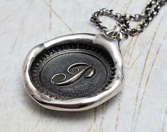 Letter P Pendant - Sterling Silver Monogram Wax Seal Necklace - Wax seal Jewelry Letter Initial Pendant from Plum and Posey