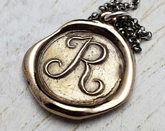 Initial R - Bronze Monogram Wax Seal Pendant Necklace - Wax seal Jewelry Letter Initial Pendant from Plum and Posey