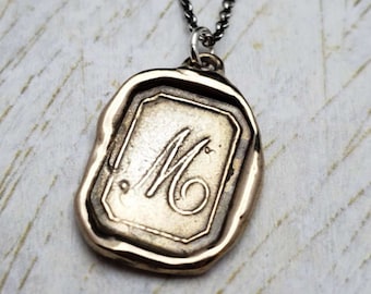 Letter M Pendant Bronze Monogram Wax Seal Pendant Necklace Wax seal  Jewelry Letter Initial Pendant from Plum and Posey