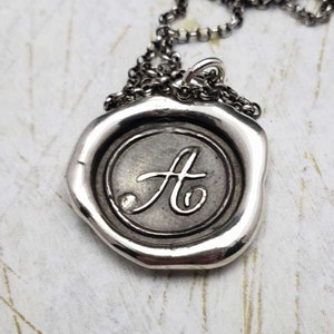 Letter A Pendant - Sterling Silver Monogram Wax Seal Pendant Necklace - Wax seal Jewelry Letter A Initial Pendant