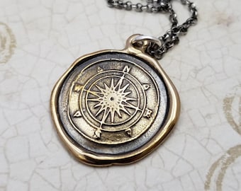 Compass Necklace from antique wax seal - Compass pendant in Bronze - 332B