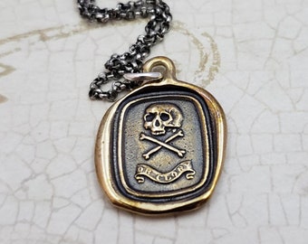 Skull and Crossbones Necklace in Bronze - Memento Mori from antique wax seal - 'Death or Glory' - 334B