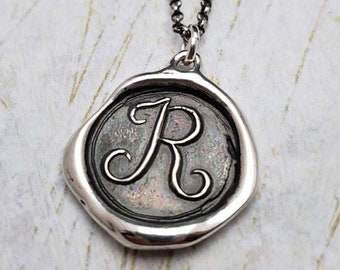 Letter R Pendant - Sterling Silver Monogram Wax Seal Pendant Necklace - Wax seal Jewelry Letter Initial Pendant from Plum and Posey