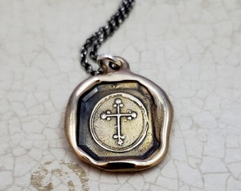Antique Cross Wax Seal Necklace in Bronze - Heraldic Cross - 280B