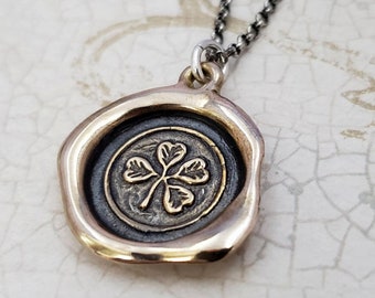 Four Leaf Clover Necklace in Bronze - Lucky wax seal shamrock Necklace - 299B