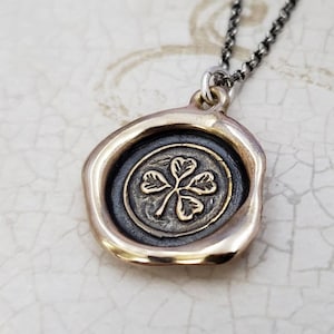 Four Leaf Clover Necklace in Bronze - Lucky wax seal shamrock Necklace - 299B