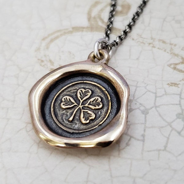 Four Leaf Clover Necklace in Bronze - Lucky wax seal shamrock Necklace - 299B