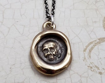 Skull Necklace - Bronze Wax Seal Pendant Necklace - Memento Mori - 460B