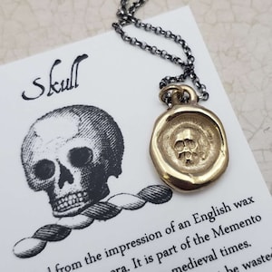 Skull - Gold Wax Seal Pendant Necklace - Gold Vermeil Memento Mori, All is vanity - 460G