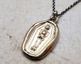 Gold Skeleton Wax Seal Pendant- Memento Mori Necklace in Gold Vermeil - 104G