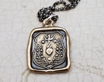 Collar de golondrina y corazón inflamado - Colgante de sello de cera Ardent Hope, Love and Affection en bronce - 128B