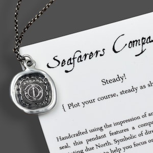 Seafarer Mariners Compass Wax Seal Necklace Antiqued - Compass Wax Seal Pendant from Antique Wax Seal - 238