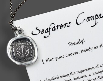 Seafarer Mariners Compass Wax Seal Necklace Antiqued - Compass Wax Seal Pendant from Antique Wax Seal - 238