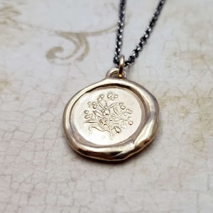 Forget Me Not Gold Wax Seal Necklace - Remembrance & True Love Pendant in Gold Vermeil - 462G