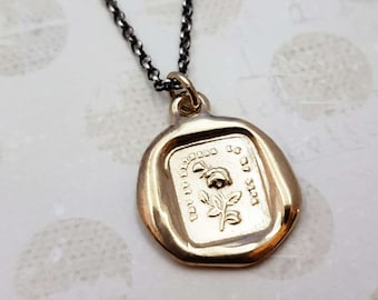 Rose and Butterfly Wax Seal Necklace in Gold Vermeil - Thy sweetness is my life Pendant in Gold - 256G