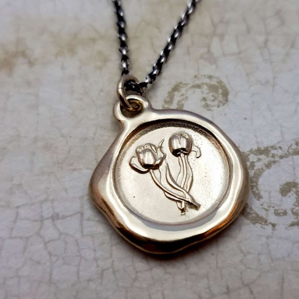 Gold Tulip Necklace, Wax Seal Pendant Necklace, Fame, Recognition, Achievement in Gold Vermeil - 463G