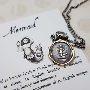 Mermaid necklace in bronze - Beauty, Grace and Eloquence pendant made using an 19th wax seal - 194B
