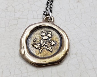Pansy Necklace - Forget me not - Floral Wax Seal Pendant Necklace in bronze - 461B