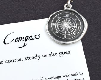 Compass Rose Wax Seal Necklace Antiqued - Compass jewelry - 332