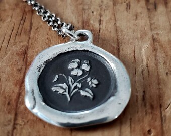 Pansy - Think of Me - Floral Wax Seal Pendant Necklace - Sterling Silver Necklace Forget me not - 461
