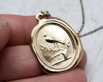 Robin on Branch Gold Wax Seal Pendant Necklace - Spring  Constancy Jewelry in Gold Vermeil - 174G