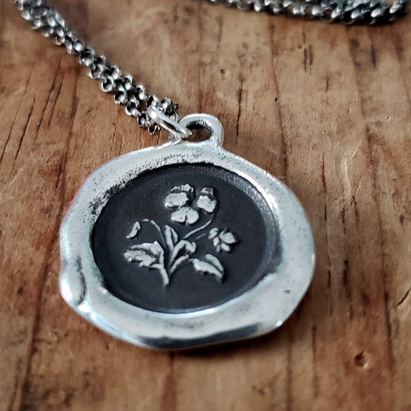 Pansy - Think of Me - Floral Wax Seal Pendant Necklace - Sterling Silver Necklace Forget me not - 461