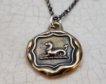 Seahorse pendant - Wax seal jewelry made from an antique wax seal with seahorse design in bronze - 340b