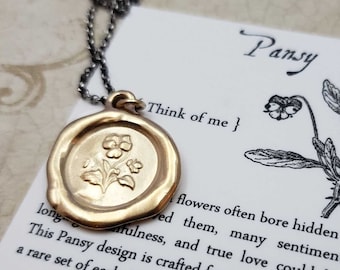 Gold Pansy - Think of Me - Floral Wax Seal Pendant Necklace - Gold Vermeil Necklace Forget me not - 461G