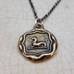 Seahorse pendant - Wax seal jewelry made from an antique wax seal with seahorse design in bronze - 340b